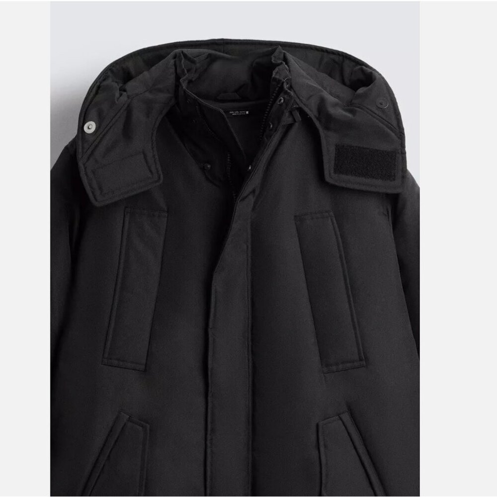 MEN Zara Charcoal Grey Black Quilted Parka With Detachable Hood Coat Size L NWT - Picture 3 of 13
